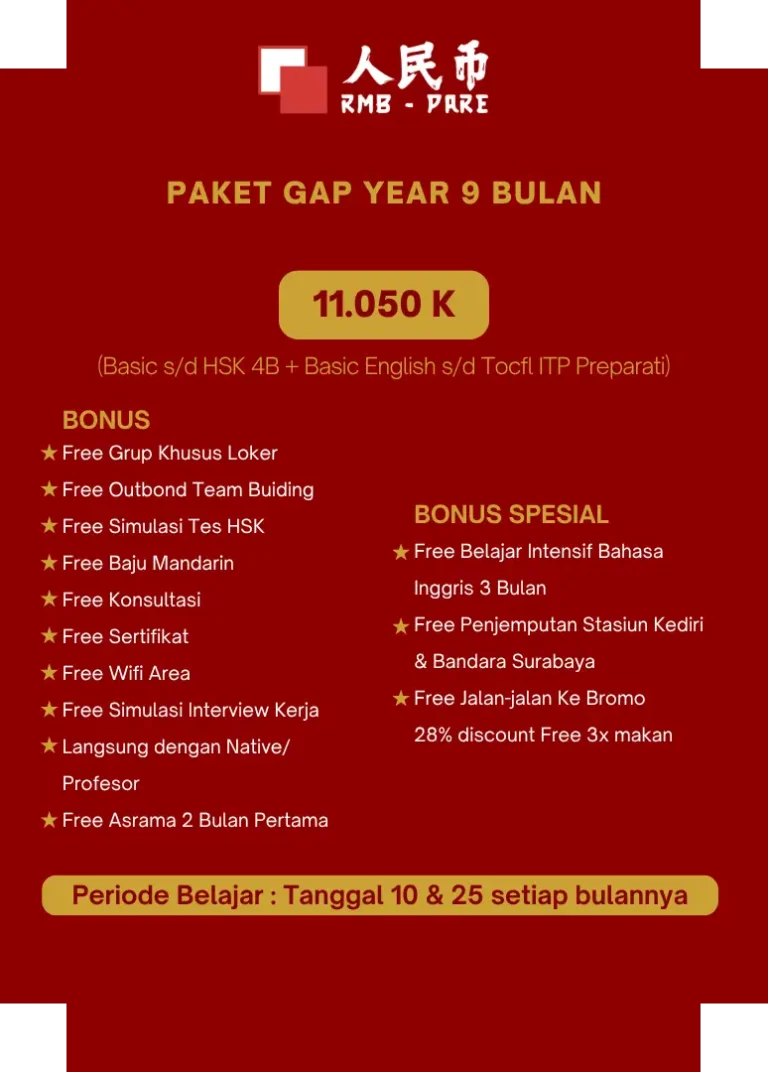 Kursus Mandarin Pare Terbaik - Preview Program Paket Gap Year 9 Bulan