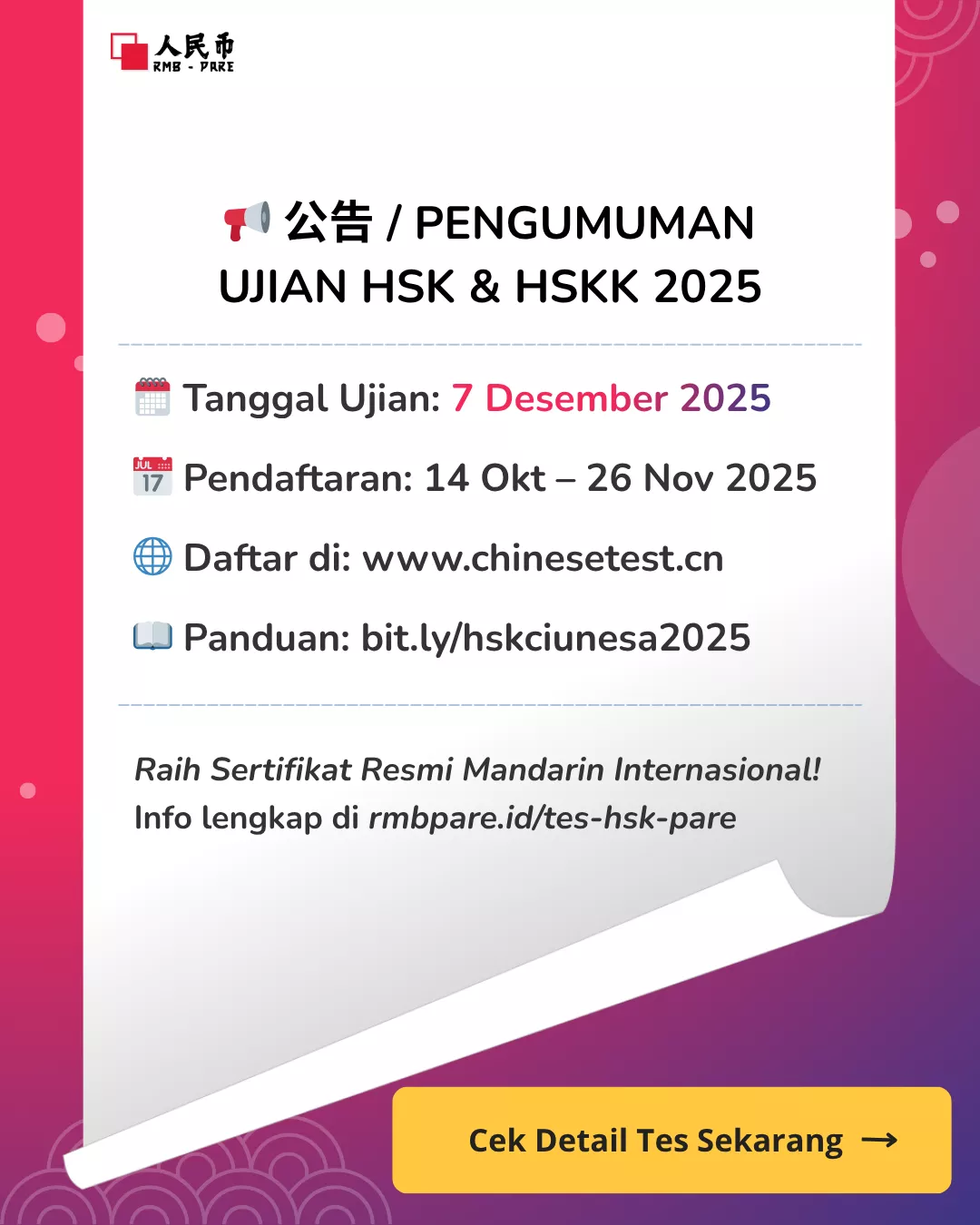 Informasi Tes HSK & HSKK RMB Pare