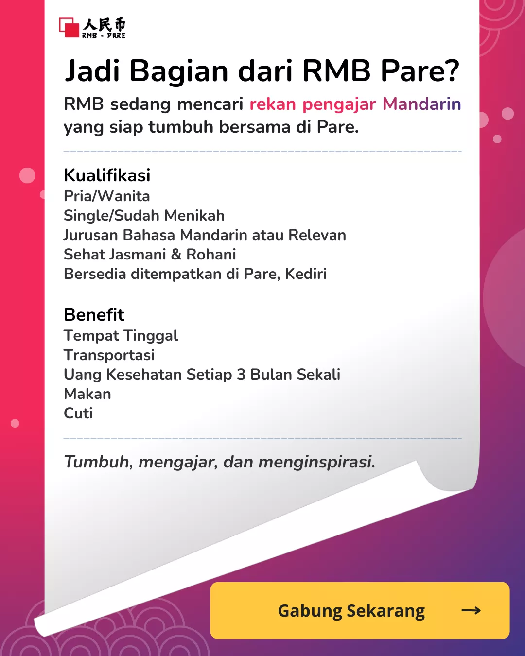 Lowongan Kerja Guru Mandarin RMB Pare